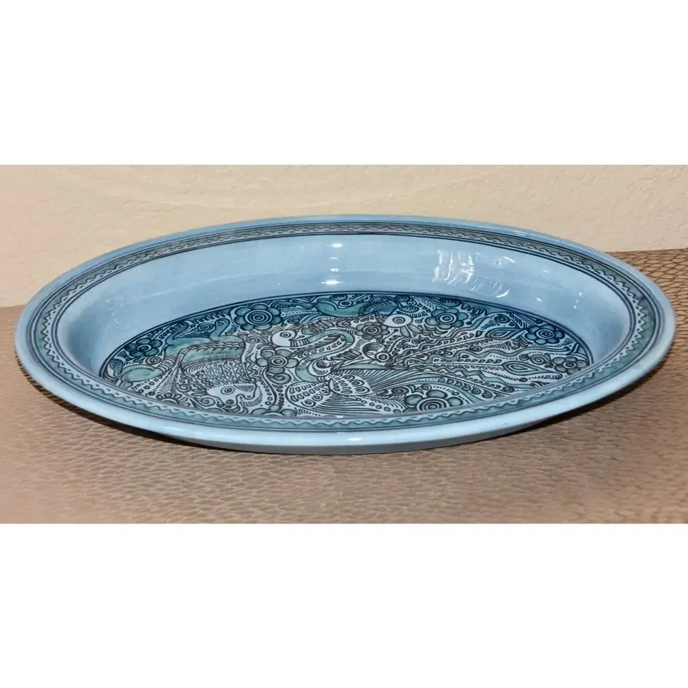 Felix Tissot Fantasia Taxco Mexican Artisan Modernist Pottery Oval Bowl Platter